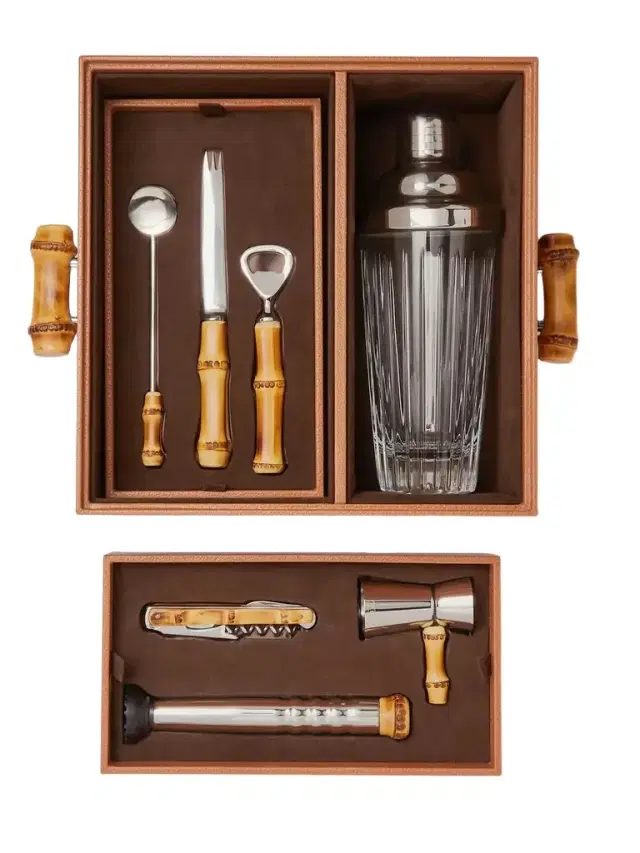 Lorenzi Milano Bamboo, Leather and Stainless Steel Cocktail Set - Men