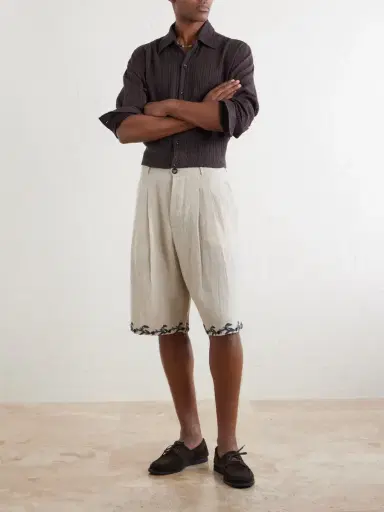 Kartik Research Straight-Leg Pleated Embroidered Linen Shorts - Men | Thumbnail 2