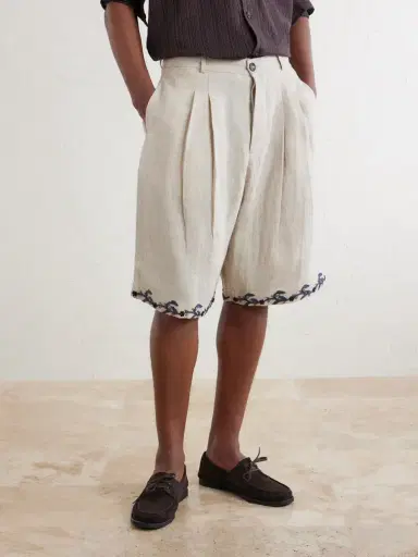 Kartik Research Straight-Leg Pleated Embroidered Linen Shorts - Men | Thumbnail 3
