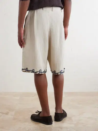 Kartik Research Straight-Leg Pleated Embroidered Linen Shorts - Men | Thumbnail 4
