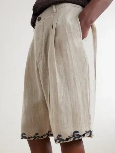 Kartik Research Straight-Leg Pleated Embroidered Linen Shorts - Men | Thumbnail 5