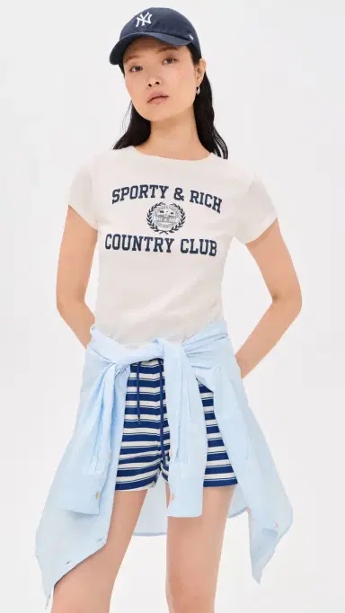 Sporty & Rich Varsity Crest Essential Tee Ecru Navy | Thumbnail 2