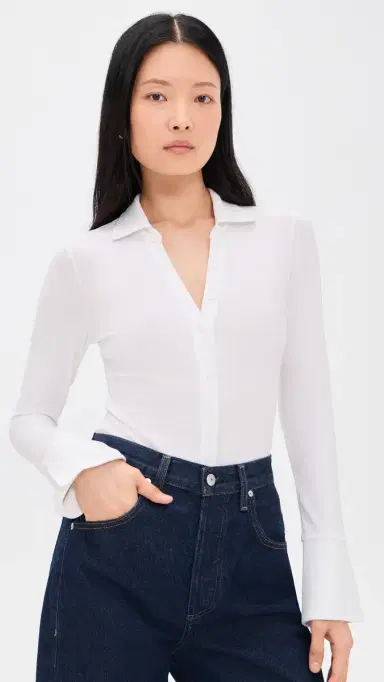 Alice + Olivia Freya Fitted Button Down Thong Bodysuit Off White S | Thumbnail 2