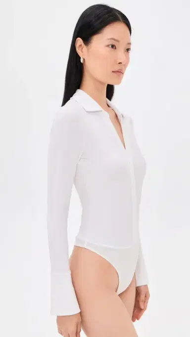 Alice + Olivia Freya Fitted Button Down Thong Bodysuit Off White S | Thumbnail 4