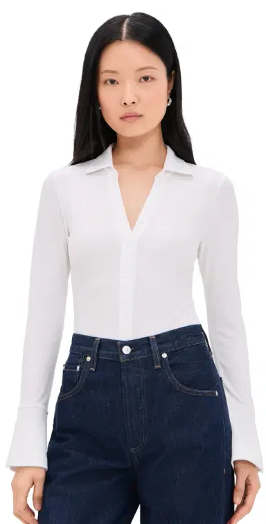 Alice + Olivia Freya Fitted Button Down Thong Bodysuit Off White S | Thumbnail 1