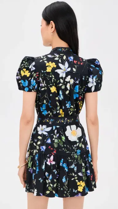 ALICE + OLIVIA Cora Short Sleeve Tiered Mini Shirt Dress Twisting Vines Black | Thumbnail 3
