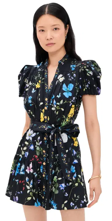 ALICE + OLIVIA Cora Short Sleeve Tiered Mini Shirt Dress Twisting Vines Black | Thumbnail 1