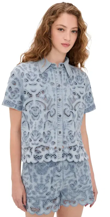 ALICE + OLIVIA Lane Denim Button Down Shirt ierra Light Blue | Thumbnail 1 ALICE + OLIVIA Lane Denim Button Down Shirt ierra Light Blue | Thumbnail 1