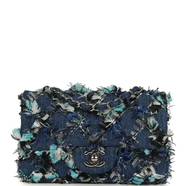 Chanel Chanel Mini Classic Rectangular Flap Bag Ribbon Tweed Blue Denim Silver Hardware