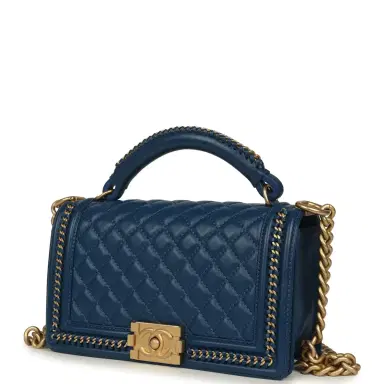 Chanel Pre-owned Chanel Medium Top Handle Braided Boy Bag Blue Lambskin Antique Gold Hardware | Thumbnail 5 Chanel Pre-owned Chanel Medium Top Handle Braided Boy Bag Blue Lambskin Antique Gold Hardware | Thumbnail 5