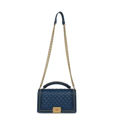 Chanel Pre-owned Chanel Medium Top Handle Braided Boy Bag Blue Lambskin Antique Gold Hardware | Thumbnail 7 Chanel Pre-owned Chanel Medium Top Handle Braided Boy Bag Blue Lambskin Antique Gold Hardware | Thumbnail 7