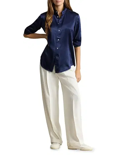 Polo Ralph Lauren Women's Silk Charmeuse Button-Front Shirt - Navy | Thumbnail 2