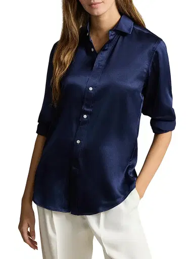 Polo Ralph Lauren Women's Silk Charmeuse Button-Front Shirt - Navy | Thumbnail 3