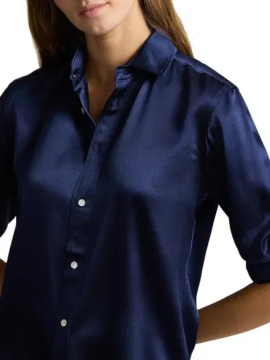 Polo Ralph Lauren Women's Silk Charmeuse Button-Front Shirt - Navy | Thumbnail 4