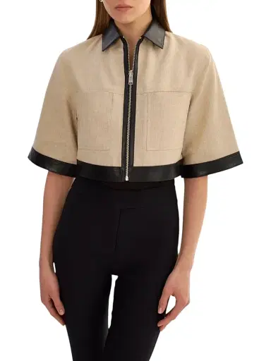 LAMARQUE Women's Caprice Linen-Blend Zip-Front Crop Jacket - Black Beige | Thumbnail 3