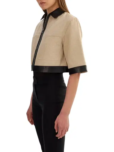 LAMARQUE Women's Caprice Linen-Blend Zip-Front Crop Jacket - Black Beige | Thumbnail 4