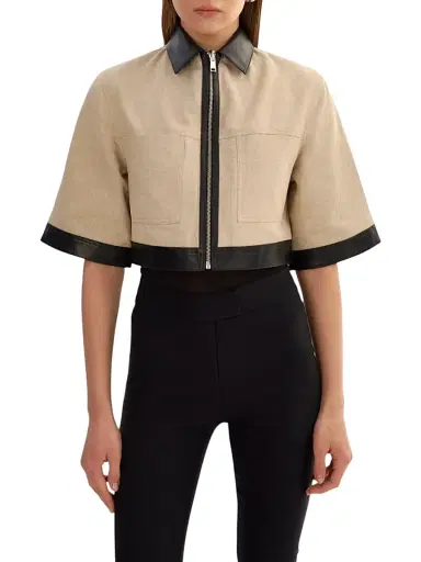 LAMARQUE Women's Caprice Linen-Blend Zip-Front Crop Jacket - Black Beige | Thumbnail 6