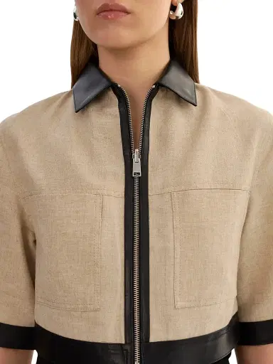LAMARQUE Women's Caprice Linen-Blend Zip-Front Crop Jacket - Black Beige | Thumbnail 7