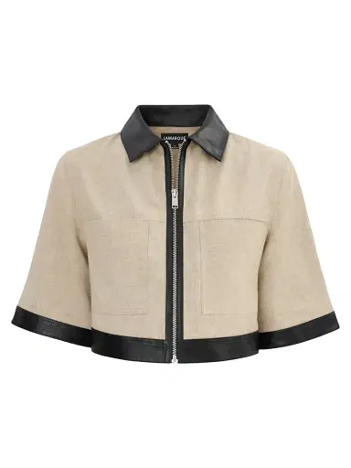 LAMARQUE Women's Caprice Linen-Blend Zip-Front Crop Jacket - Black Beige | Thumbnail 1