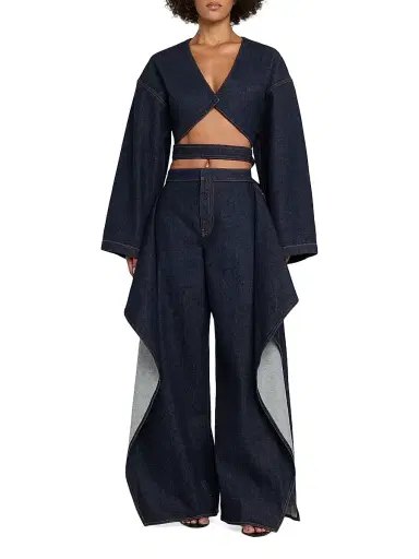 Alaïa Women's Flap Ruffled Wide-Leg Jeans | Thumbnail 2