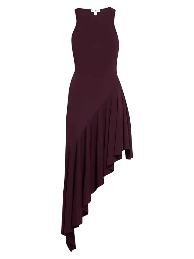 ALAIA Women's Asymmetric Ruffled Jersey Sleeveless Midi-Dress - Bordeaux