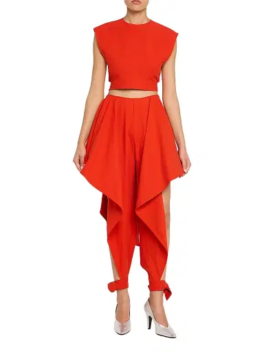 Alaïa Women's Cap-Sleeve Belted Cotton Gabardine Crop Top - Orange Sanguine - Size 12 | Thumbnail 2