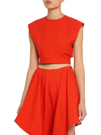 Alaïa Women's Cap-Sleeve Belted Cotton Gabardine Crop Top - Orange Sanguine - Size 12 | Thumbnail 3