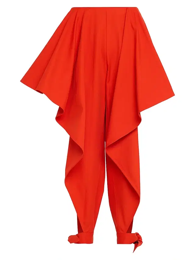 Women's Paneled Ruffled Ankle-Tie Cotton Gabardine Pants - Orange Sanguine