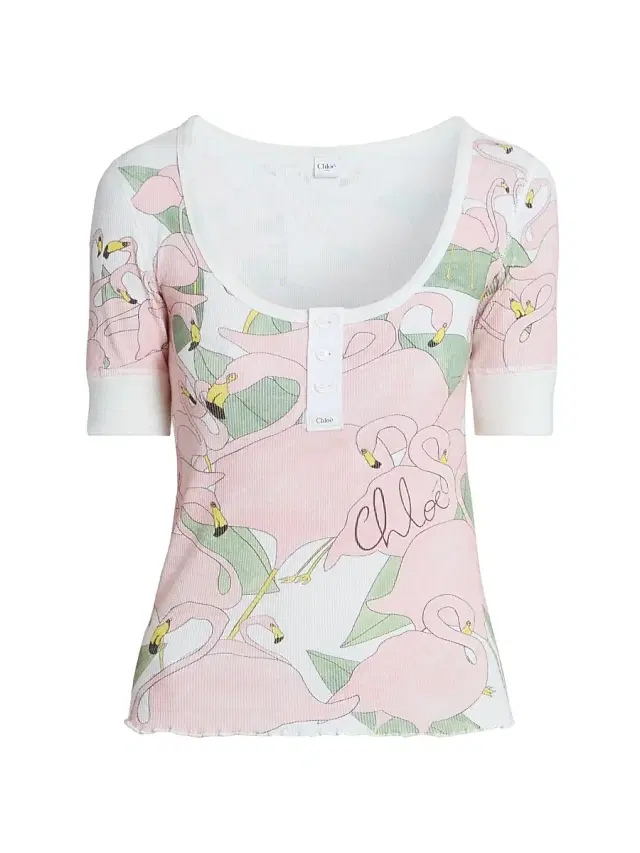Chloé Women's Flamingo-Print Rib-Knit Cotton Top - Iconic Milk