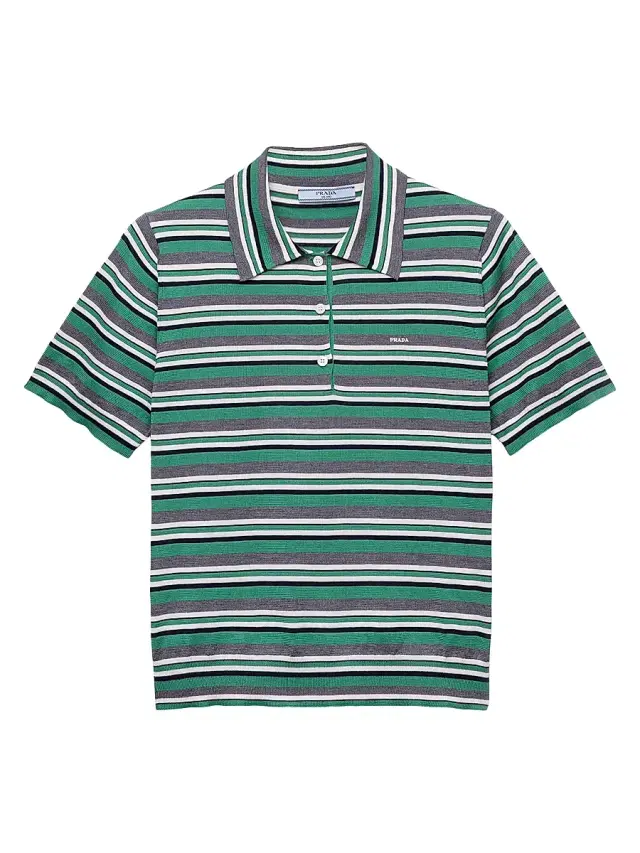 Women's Short-Sleeved Striped Cotton Polo Shirt - Green