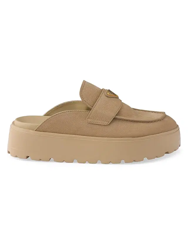 Prada Women's Nubuck Flatform Mules - Beige Khaki