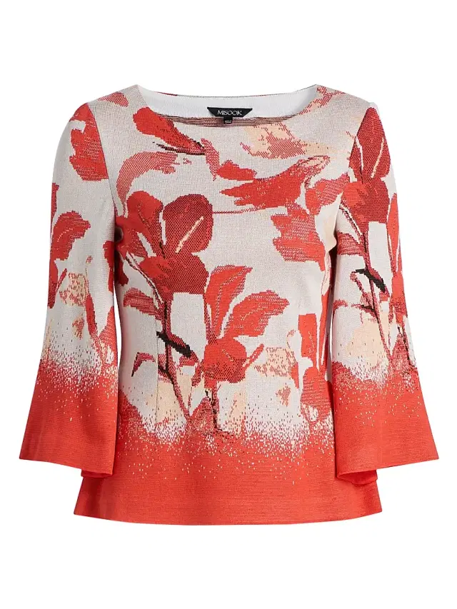 Misook Women's Floral Jacquard Bell Sleeve Top - Cherry Ember Peach