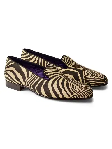 Ralph Lauren Purple Label Men's Alonzo Zebra-Print Linen Slippers - Black Cream - Size 7 | Thumbnail 2