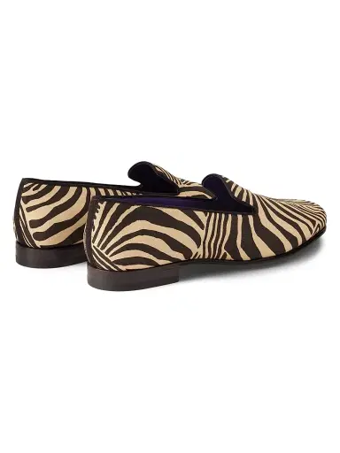 Ralph Lauren Purple Label Men's Alonzo Zebra-Print Linen Slippers - Black Cream - Size 7 | Thumbnail 3