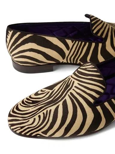 Ralph Lauren Purple Label Men's Alonzo Zebra-Print Linen Slippers - Black Cream - Size 7 | Thumbnail 5