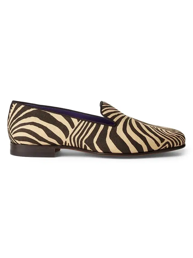 Ralph Lauren Purple Label Men's Alonzo Zebra-Print Linen Slippers - Black Cream
