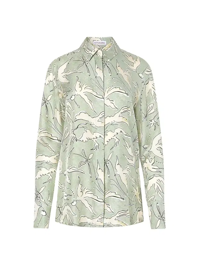 Altuzarra Women's Chika Bird-Print Silk Button-Front Top - Desert Sage Bird