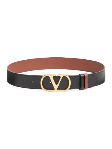 Valentino Garavani Women's Reversible VLogo Signature Belt in Glossy Calfskin - Black Deep Caramel - Size XS | Thumbnail 1