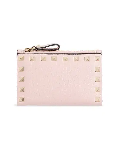 Valentino Garavani Women's Rockstud Grainy Calfskin Card Holder with Zipper - Pink | Thumbnail 1 Valentino Garavani Women's Rockstud Grainy Calfskin Card Holder with Zipper - Pink | Thumbnail 1