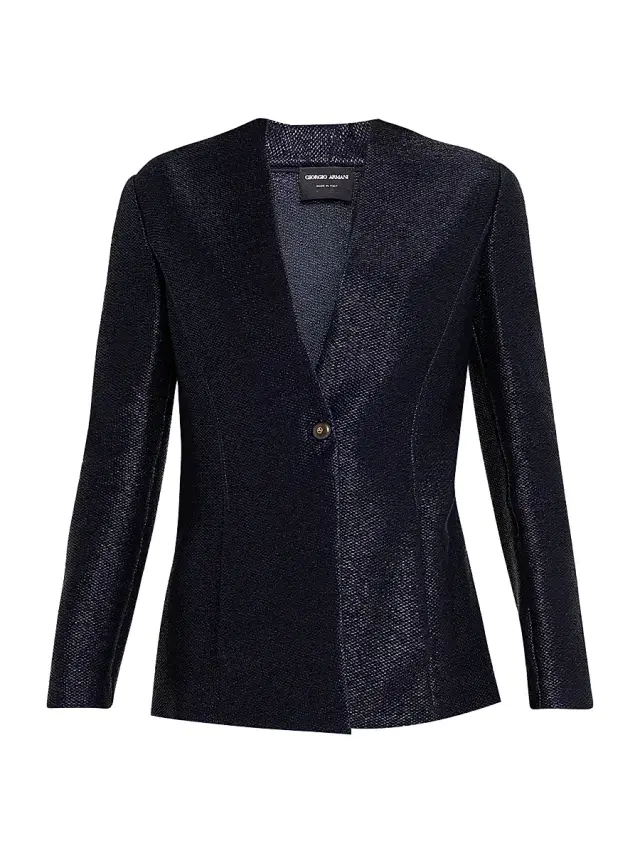 Giorgio Armani Women's Metallic Woven Collarless Single-Breasted Jacket - Solid Medium Blue