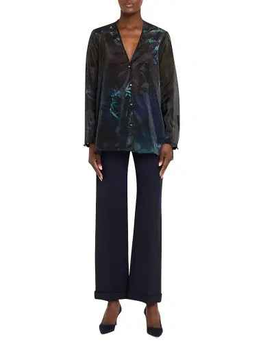 Giorgio Armani Women's Floral Print Silk-Blend Blouse - Solid Black - Size 12 | Thumbnail 2