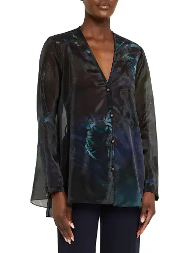 Giorgio Armani Women's Floral Print Silk-Blend Blouse - Solid Black - Size 12 | Thumbnail 3