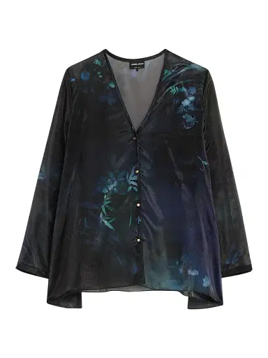 Giorgio Armani Women's Floral Print Silk-Blend Blouse - Solid Black - Size 12 | Thumbnail 1