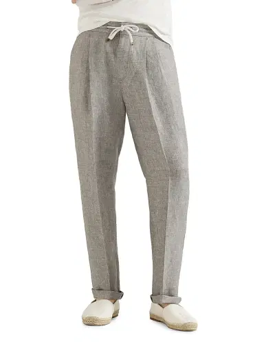 Brunello Cucinelli Men's Linen and Hemp Diagonal Trousers with Drawstring and Double Pleats - Light Grey - Size 46 | Thumbnail 4 Brunello Cucinelli Men's Linen and Hemp Diagonal Trousers with Drawstring and Double Pleats - Light Grey - Size 46 | Thumbnail 4