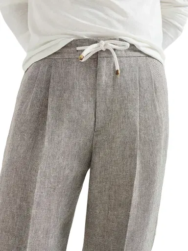 Brunello Cucinelli Men's Linen and Hemp Diagonal Trousers with Drawstring and Double Pleats - Light Grey - Size 46 | Thumbnail 5 Brunello Cucinelli Men's Linen and Hemp Diagonal Trousers with Drawstring and Double Pleats - Light Grey - Size 46 | Thumbnail 5