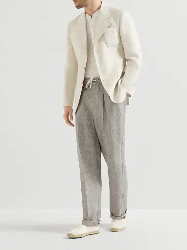 Brunello Cucinelli Men's Linen and Hemp Diagonal Trousers with Drawstring and Double Pleats - Light Grey - Size 46 | Thumbnail 6 Brunello Cucinelli Men's Linen and Hemp Diagonal Trousers with Drawstring and Double Pleats - Light Grey - Size 46 | Thumbnail 6