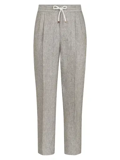 Brunello Cucinelli Men's Linen and Hemp Diagonal Trousers with Drawstring and Double Pleats - Light Grey - Size 46 | Thumbnail 1 Brunello Cucinelli Men's Linen and Hemp Diagonal Trousers with Drawstring and Double Pleats - Light Grey - Size 46 | Thumbnail 1
