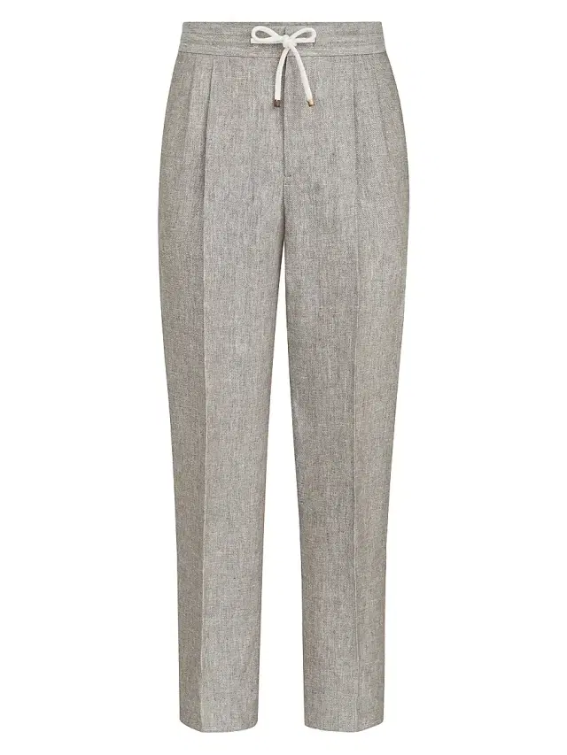 Men's Linen and Hemp Diagonal Trousers with Drawstring and Double Pleats - Light Grey
