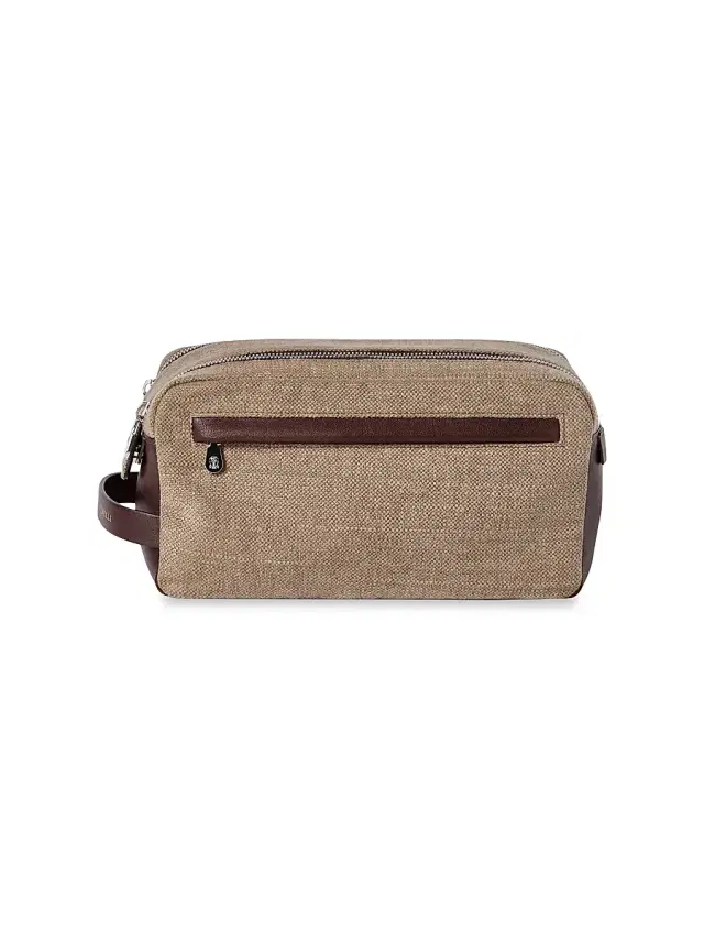 Brunello Cucinelli Women's Water Resistant Canvas and Burnished Calfskin Beauty Case with Double Zipper