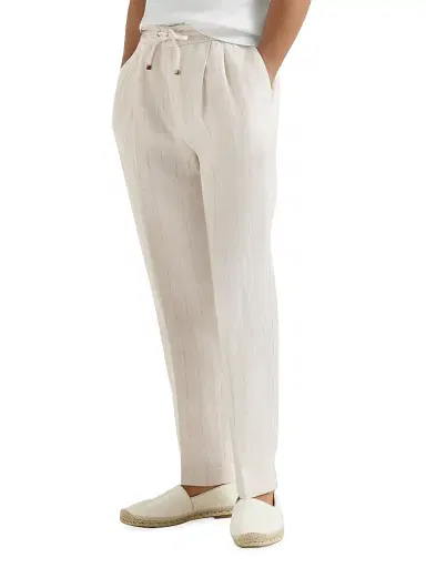 Brunello Cucinelli Men's Linen Chalk Stripe Chevron Trousers - Shell - Size 44 | Thumbnail 3